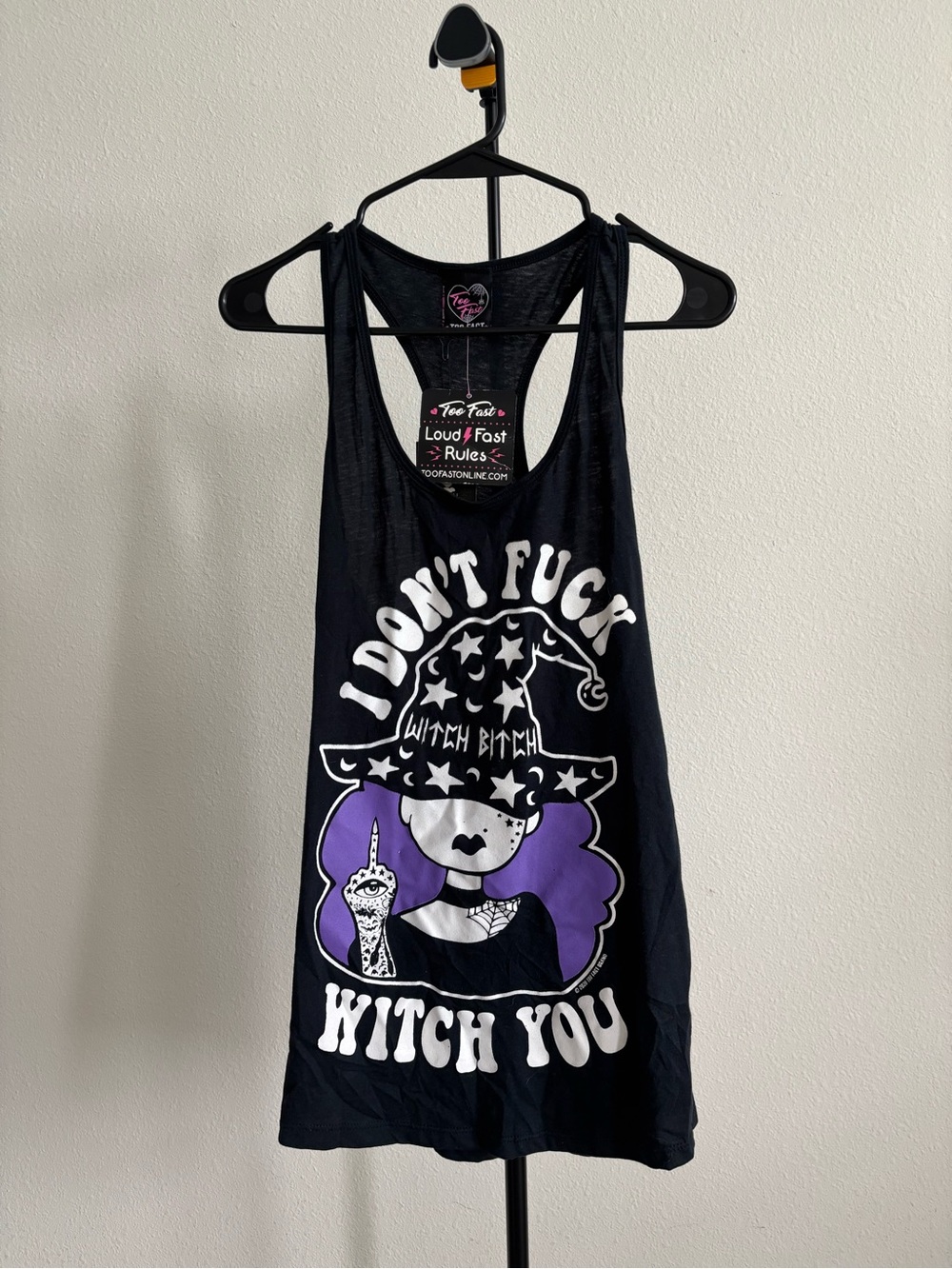 Too Fast Womenโs L Black Witch Graphic Tank Top Goth Halloween Racerback NWT